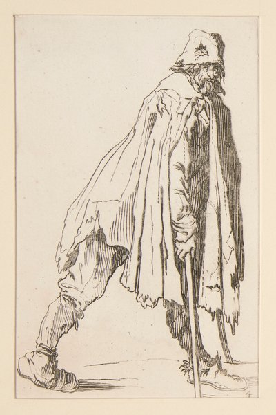 Koldus sapkában, mankóval, a The Beggars-től. alkotó: Jacques Callot