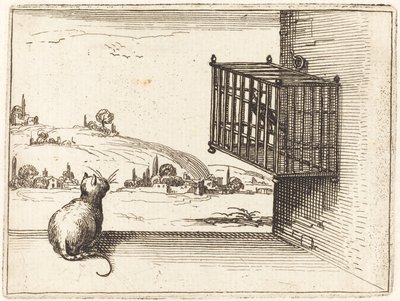 Macska figyeli a ketrecbe zárt madarat alkotó: Jacques Callot