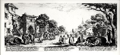 Halál az út mellett, 16. tábla a „A háború nyomorúságai és szerencsétlenségei”-ből, Izrael Henriet (1590-1661 körül) metszetében, 1633 alkotó: Jacques Callot