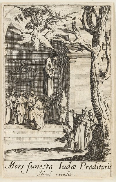 Júdás halála, tizennégyes tábla az Apostolok mártíromságai című kötetből. alkotó: Jacques Callot