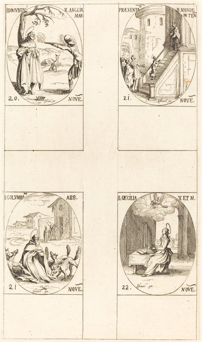 Edmund, Anglia királya, Mártír, Szűzanya bemutatása, Szent Kolumba, Szent Cecil. alkotó: Jacques Callot