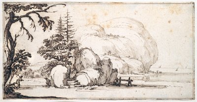 Fantasztikus sziklák a tengerparton, épületek a parton (toll és barna tinta papíron) alkotó: Jacques Callot