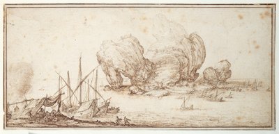 Fantasztikus sziklák, megerősítve. Szállítás. Tengerészek kételkednek mesterségük láttán (Le Grand Rocher) (toll és tinta papíron) alkotó: Jacques Callot