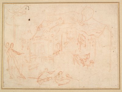 Ábratanulmányok (recto); Színpadi díszlet (fordítva) alkotó: Jacques Callot
