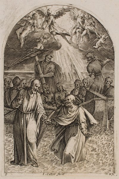 Jézus és Szent Péter a vízen járnak, a „Római képek” sorozatból alkotó: Jacques Callot