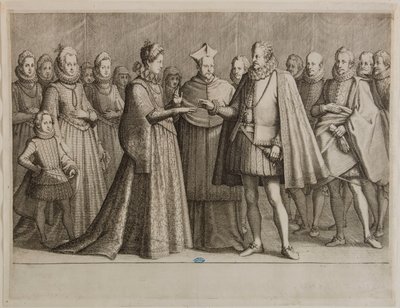 I. Ferdinánd de Médicis élete, I. Ferdinánd házassága. Egy 16 befejezett darabból és 2 kiegészítő darabból álló sorozat első része (Lieure 147, Meaume 534) alkotó: Jacques Callot
