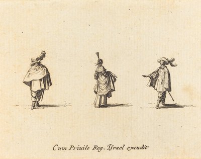 Ruhás hölgy összegyűlt, és két úriember alkotó: Jacques Callot