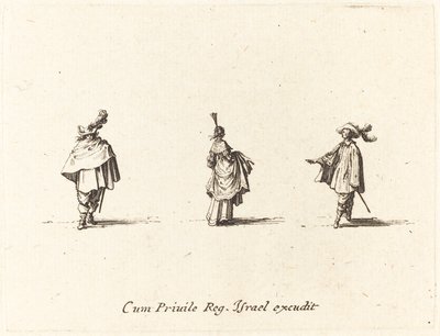 Ruhás hölgy összegyűlt, és két úriember alkotó: Jacques Callot