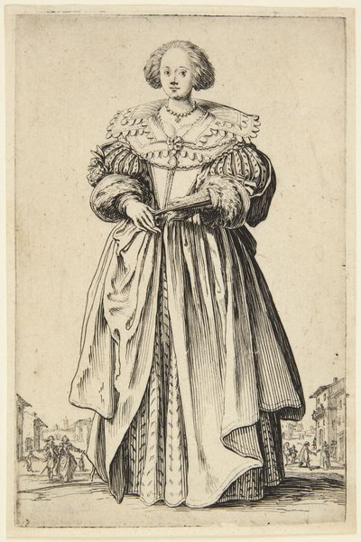 Hölgy legyezővel alkotó: Jacques Callot