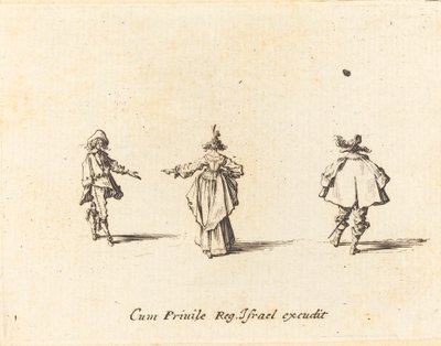 Kinyújtott karú hölgy, hátulról nézve és két úriember alkotó: Jacques Callot