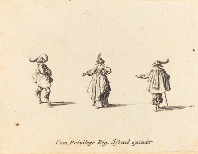 Kinyújtott karú hölgy és két úriember alkotó: Jacques Callot