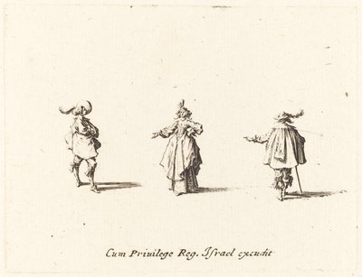 Kinyújtott karú hölgy és két úriember alkotó: Jacques Callot