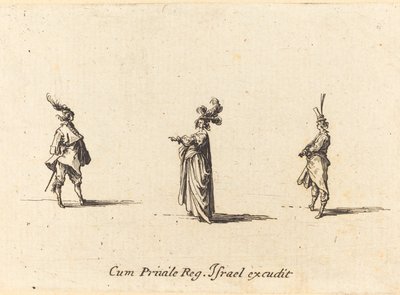Tollaskalapos hölgy és két úriember alkotó: Jacques Callot