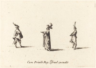 Tollas kalapos hölgy és két úriember alkotó: Jacques Callot