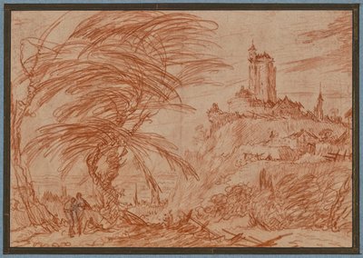 Landschaft, rechts auf einem Hügel ein großer Turm, links eine Baumgruppe und einige Figuren alkotó: Jacques Callot
