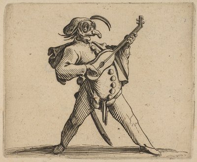 Az álarcos komikus gitáron játszik, ..., 1616-22. alkotó: Jacques Callot
