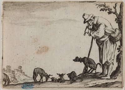 Les Caprices, A fuvolázó pásztor. Az 50 darabos szvit 37. száma, Nancy-ben metszve (Lieure 464, Meaume 833) alkotó: Jacques Callot