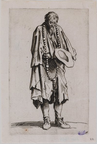 A koldusok, A rózsafüzért imádkozó koldus. Egy 25 darabos sorozat tizenegyedik darabja (Lieure 489, Meaume 695) alkotó: Jacques Callot