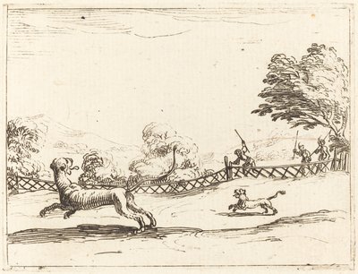 Az oroszlán és a kölyök vadászok üldözik alkotó: Jacques Callot