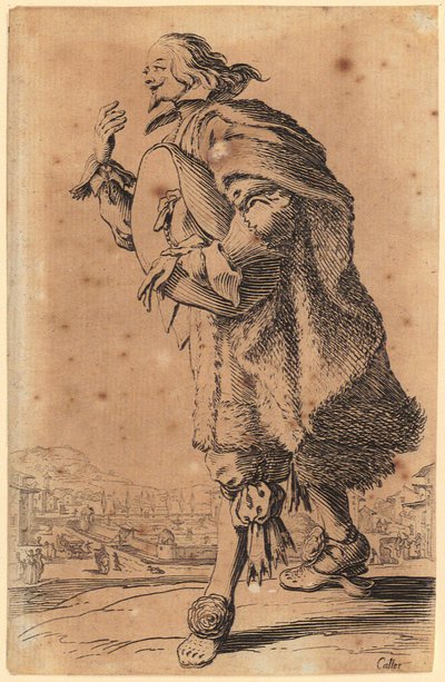 Mann streicht wie Geigenspieler über Grillrost, Blatt 19 der Folge "Die Zwerge" alkotó: Jacques Callot