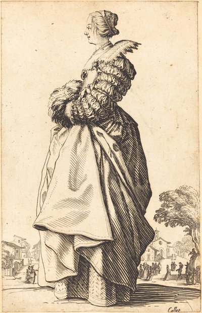 Nemes nő profilban, kezével egy muffban alkotó: Jacques Callot