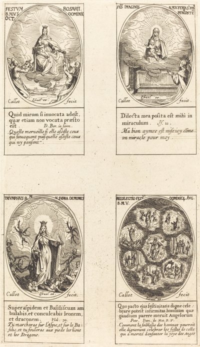 Rózsafüzér Szűzanya; Felhőben megjelenő szűz és gyermek; Diadalmas Szűz; Reu alkotó: Jacques Callot