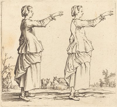 Parasztasszony, profilban, jobbra fordítva, kinyújtott karral, 1617 és 1621. alkotó: Jacques Callot