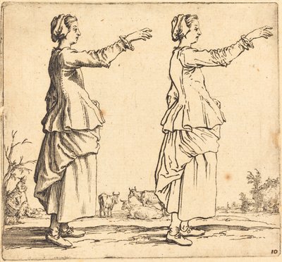 Parasztasszony, profilban, jobbra fordítva, kinyújtott karral, 1617 és 1621. alkotó: Jacques Callot