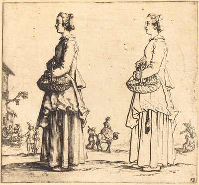 Parasztasszony kosárral, profilban, balra néz alkotó: Jacques Callot