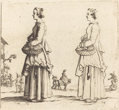 Parasztasszony kosárral, profilban, balra néz, 1617 és 1621. alkotó: Jacques Callot