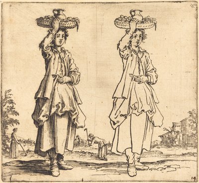 Parasztasszony fején kosárral, elölnézet alkotó: Jacques Callot