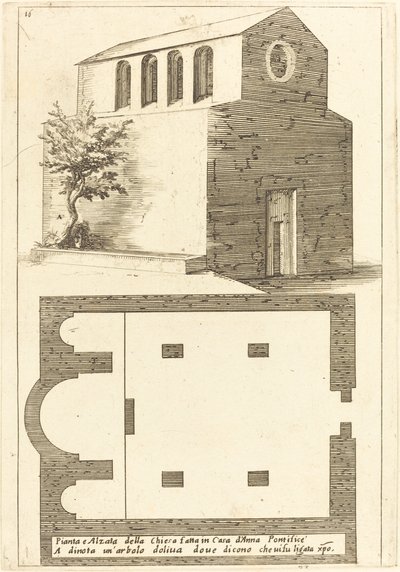 Az Annas-ház melletti templom terve és emelése alkotó: Jacques Callot