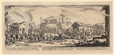 Egy falu kifosztása és felégetése, a „Háború borzalmai” sorozat 7. lapja alkotó: Jacques Callot