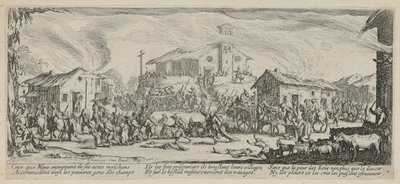 Egy falu kifosztása és felégetése, a „A háború borzalmai” sorozat 7. lapja alkotó: Jacques Callot