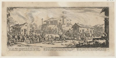 Egy falu kifosztása és felégetése, a Háború borzalmai sorozat 7. lapja alkotó: Jacques Callot