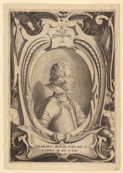 Francesco de’ Medici portréja, a „Francesco de’ Medici temetése alkalmából készült rézkarcok” sorozat 2. lapja alkotó: Jacques Callot