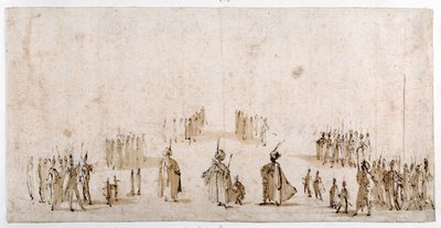 Vázlat figurák csoportjainak színpadra állításához az „Il Solimanóban” (toll és barna tinta barna mosással vörös krétán) alkotó: Jacques Callot