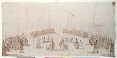 Vázlat figurák csoportjainak színpadra állításához az „Il Solimanóban” (toll és barna tinta barna mosással vörös krétán) alkotó: Jacques Callot
