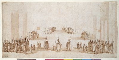 Vázlat figurák csoportjainak színpadra állításához az „Il Solimanóban” (toll és barna tinta barna mosással vörös krétán) alkotó: Jacques Callot