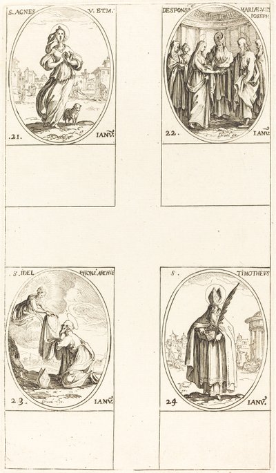 Szent Ágnes; A Szűzanya házassága; Szent Ildefonz; Szent Timóteus alkotó: Jacques Callot
