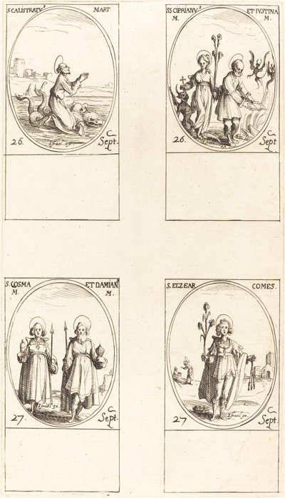 St. Calistratus; Sts. Cyprian és Justina; Sts. Comus és Damian; St. Elzear, gróf alkotó: Jacques Callot