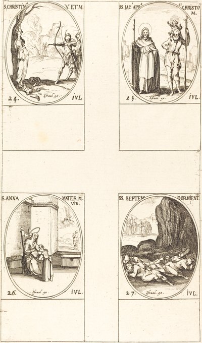 Szent Krisztina; Szent Jakab apostol és Szent Kristóf; Szent Anna; E hét alvója alkotó: Jacques Callot