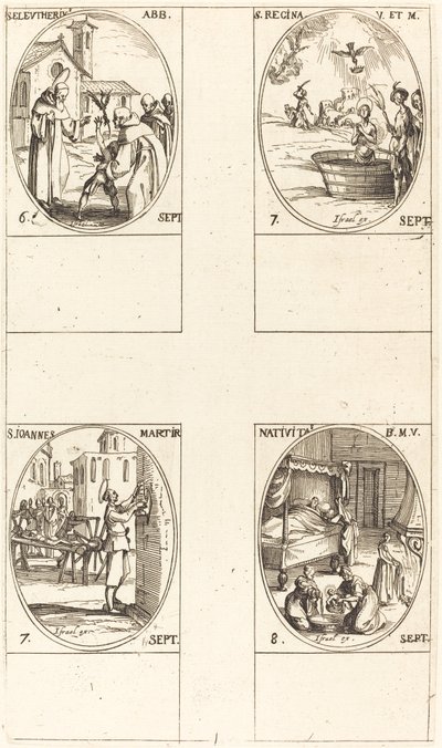Szent Eleutherius, apát; Szent Regina; Szent János; A Szűz születése alkotó: Jacques Callot