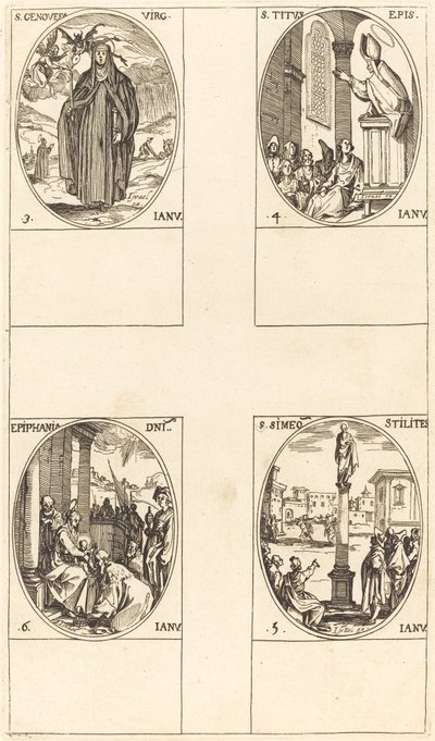 St. Genevieve; Szent Titusz; St. Simeon Stylites; vízkereszt alkotó: Jacques Callot