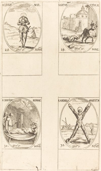 St. Liverius; Szent Szaturnusz; St. T(I?)oscion; Szent András alkotó: Jacques Callot