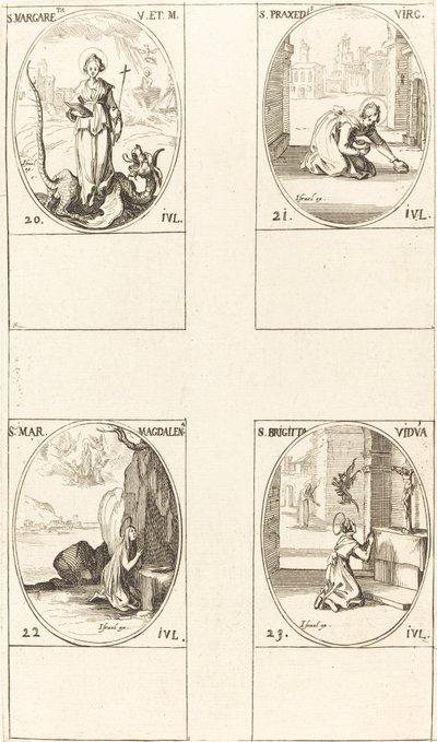 Antiochiai Szent Margit, Szent Praxedész, Szent Mária Magdolna, Svéd Szent Brigita. alkotó: Jacques Callot