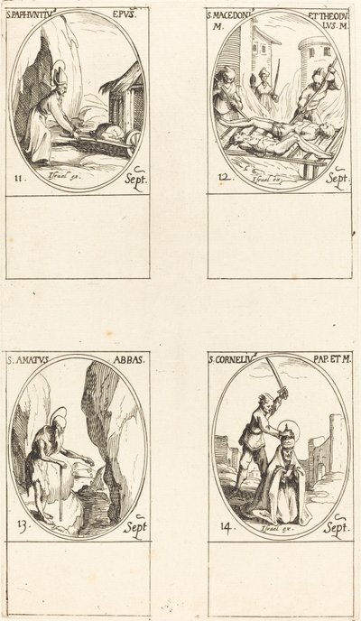 Utca. Paphnutius; Szentek Macedonius és Theodulus; Utca. Szeretett; Utca. Cornelia alkotó: Jacques Callot