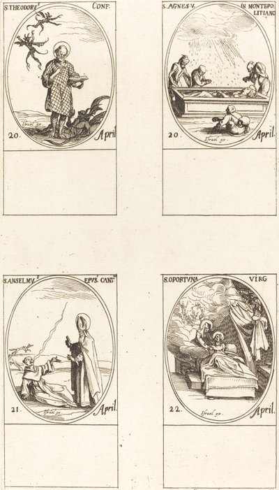 Szent Theodorus; Monte Pulcianói Szent Ágnes; Szent Anselme, Canterbury érseke; utca alkotó: Jacques Callot
