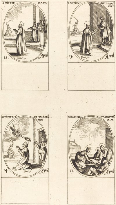 Utca. Győztes; Utca. Justin; Szentek Tiburtius és Valerian; Szentek Basilissa és Anastasia alkotó: Jacques Callot