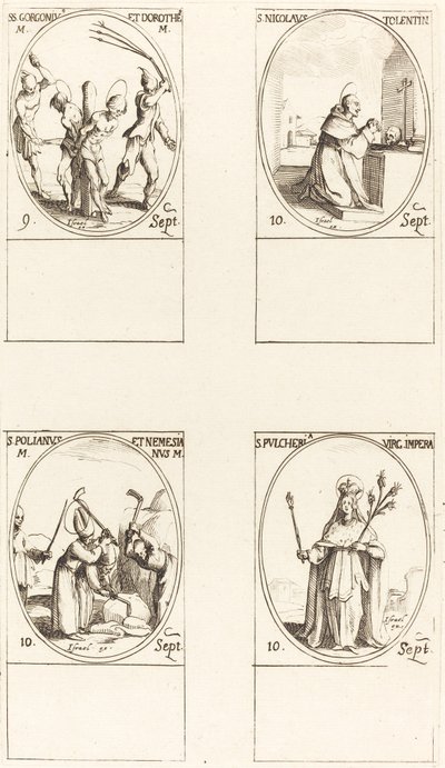 Szentek Gorgonius és Dorothy; Utca. Tolentinói Miklós; Utca. Polianus és Nemesian; Utca. Pul alkotó: Jacques Callot